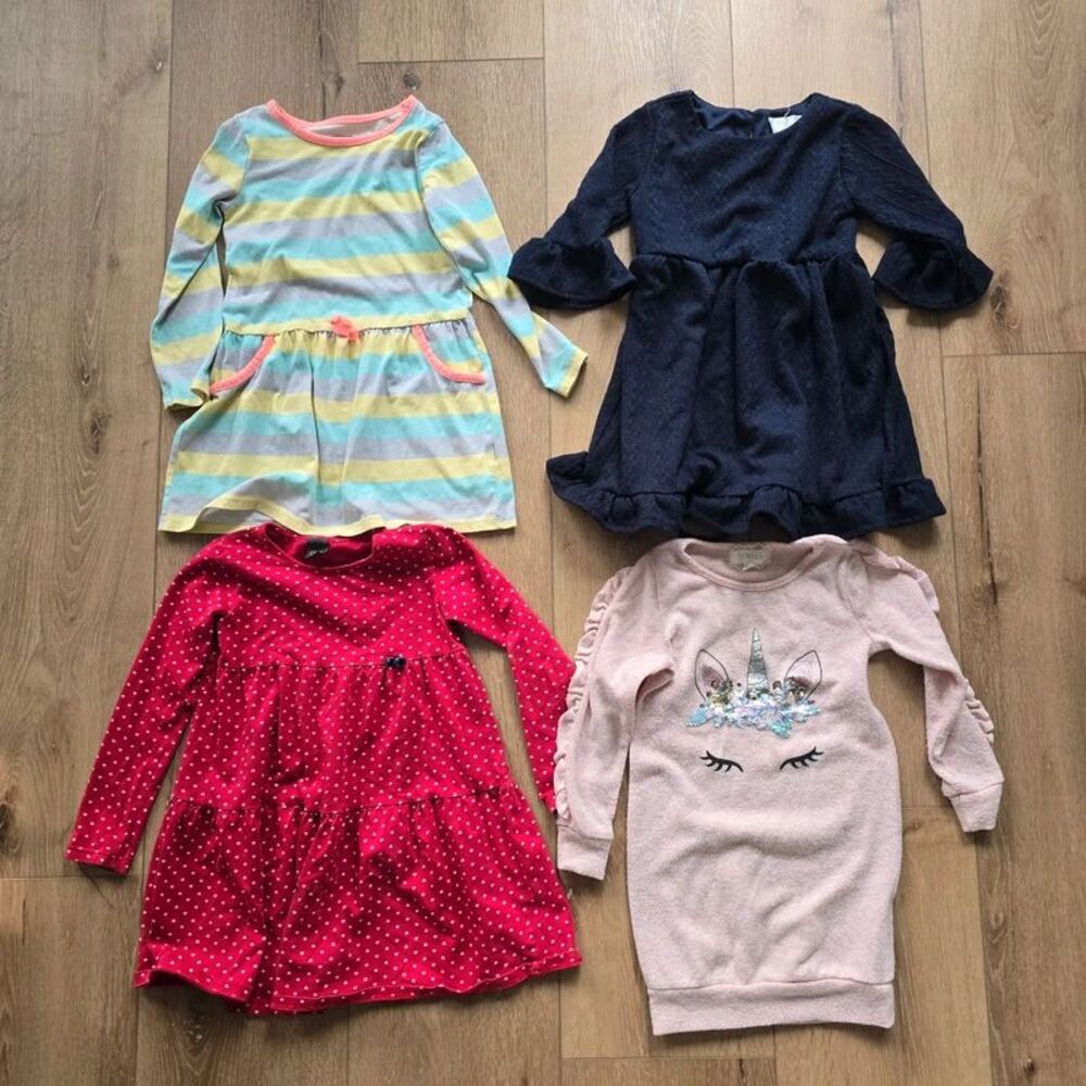 Girls 4T 5T Dress Bundle 4pc Long Sleeve Dresses Hearts Unicorn Navy Striped